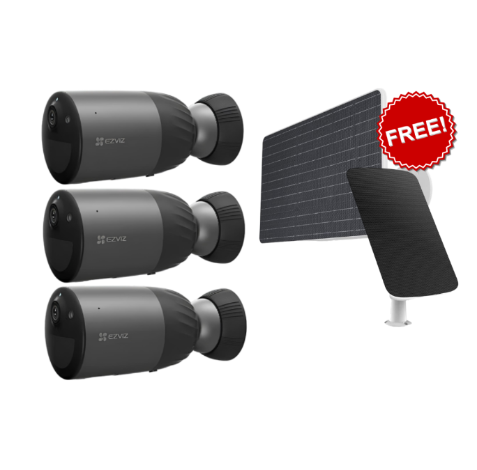EZVIZ CS‑BC1C PRO 8MP 4K Smart Security Camera – 3-Pack | Wire-Free, Color Night Vision, AI Detection, IP65 Weatherproof (+ Free 12W & 6W Solar Panels