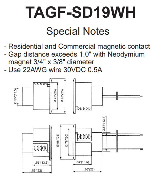 TAGF‑SD19WH Flush‑Mount Steel‑Door Magnetic Contact (Reed Switch) – White, Normally Closed, 3/4″ Diameter, 1½″ Wide Gap, 12″ Leads