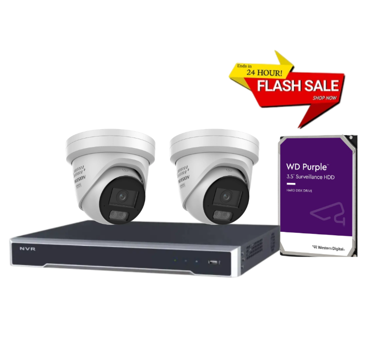 * 24 hour only sale Hikvision 6MP ColorVu CCTV Kit – 2x DS-2CD2367G3-LIS2UY/SL Turret Cameras + 4-Channel 7604NI-M1-4P NVR + 2TB HDD | Smart Hybrid Light, AI Detection, Audio, Strobe Alarm | Ideal for Business & Home Security