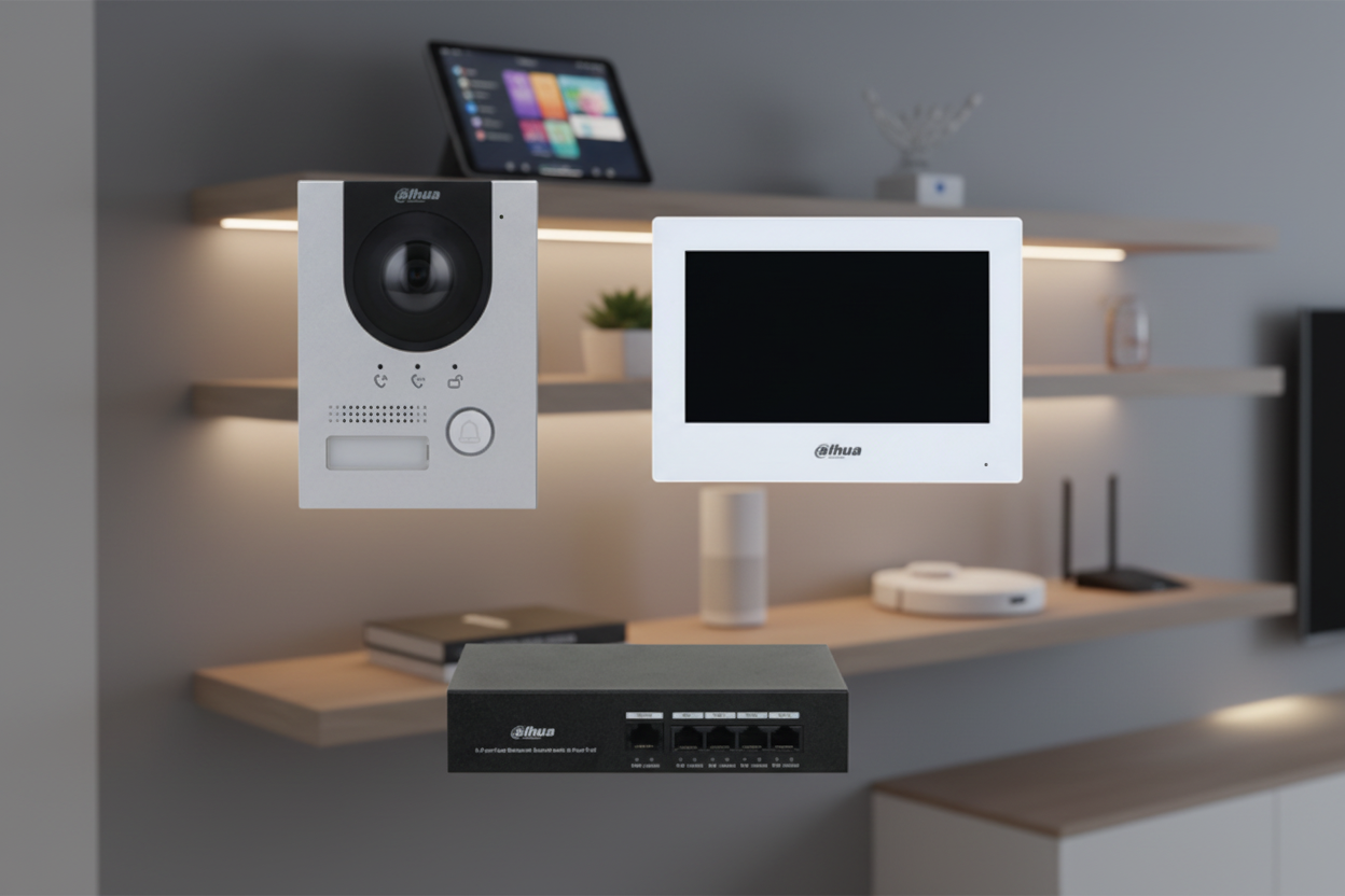 Dahua DHI‑KTP01L‑AUS(Flush) IP Villa Video Intercom Flush Mount Kit, Outdoor Station + 7″ Indoor Monitor + PoE Switch, IP65 Smart Access Control & Two‑Way Audio