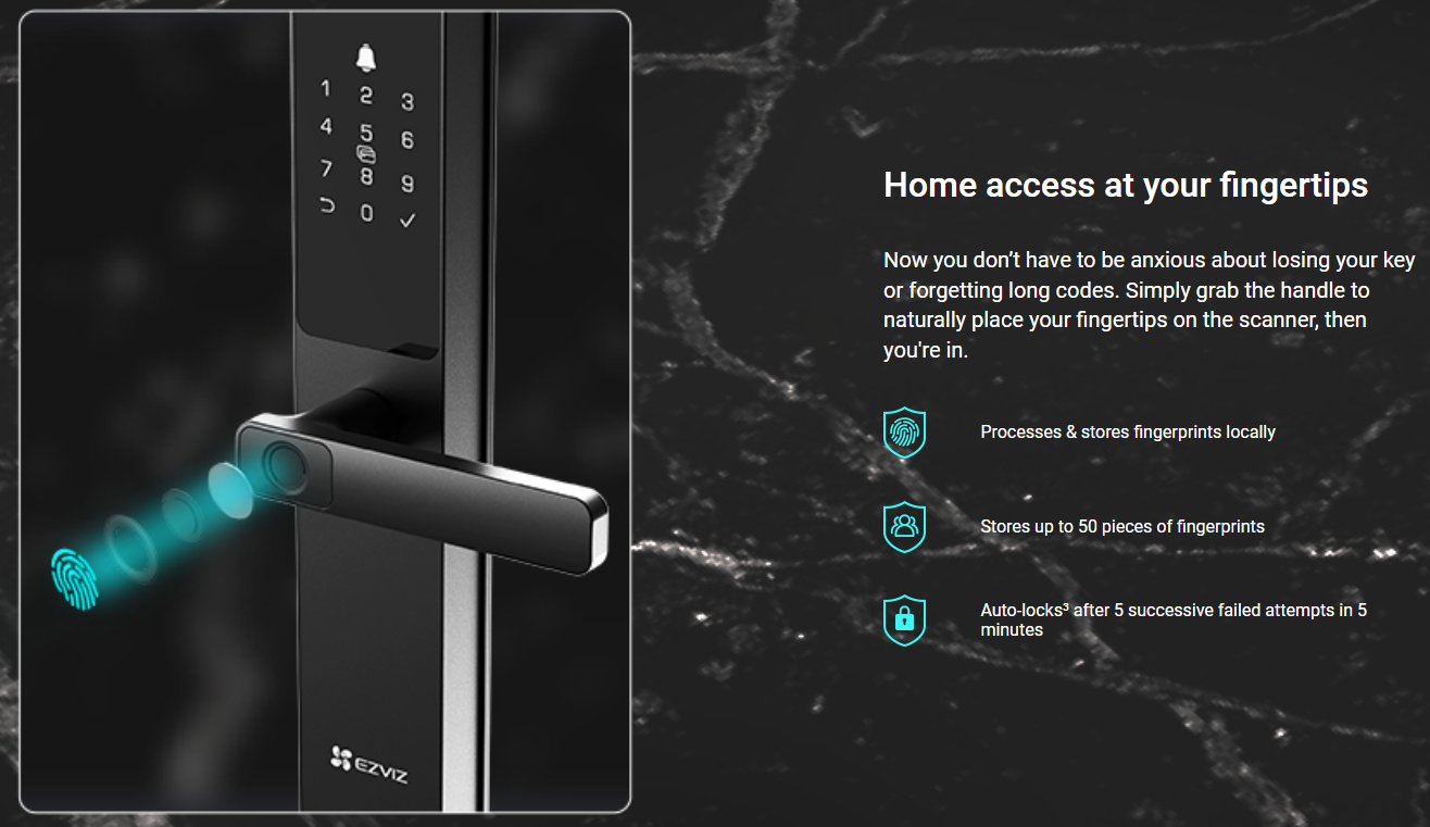 EZVIZ DL05 Smart Fingerprint Lock – Keyless Entry Wi‑Fi & Bluetooth Smart Door Lock with App Control, IP65 Weatherproof, Temporary Codes & Anti‑Peeping Security