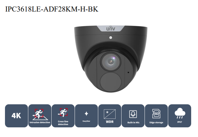 Uniview IPC3618LE-ADF28KM-H-BK 8MP HD IR Fixed Eyeball Network Camera – Ultra 265, 30m Smart IR, PoE, Built-in Mic, 2.8mm Wide Angle, IP67, 512GB SD Card Support (Easy Series)