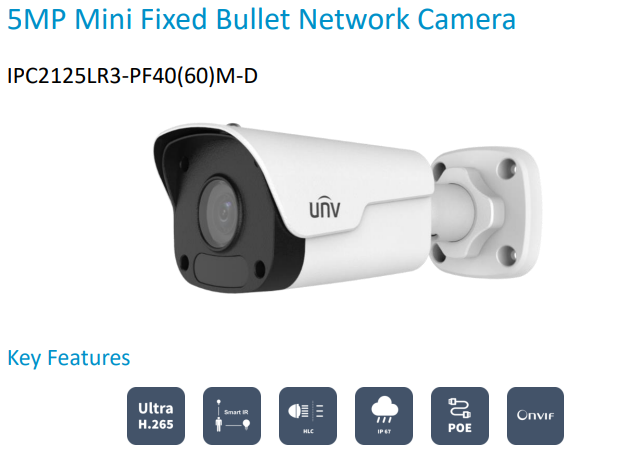 Uniview IPC2125LR3-PF40M-D / IPC2125LR3-PF60M-D 5MP Mini Fixed Bullet Network Camera – Smart IR 30m, IP67, Ultra 265, PoE, 4mm or 6mm Lens, DWDR, Compact Outdoor Surveillance (Easy Series)