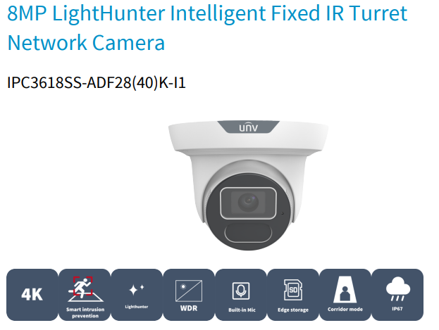 Uniview IPC3618SS‑ADF28K‑I1 8MP LightHunter Fixed IR Turret Network Camera – 4K Ultra HD, 40 m Smart IR, Intelligent Perimeter & Crowd Monitoring, PRIME Series, UNI *