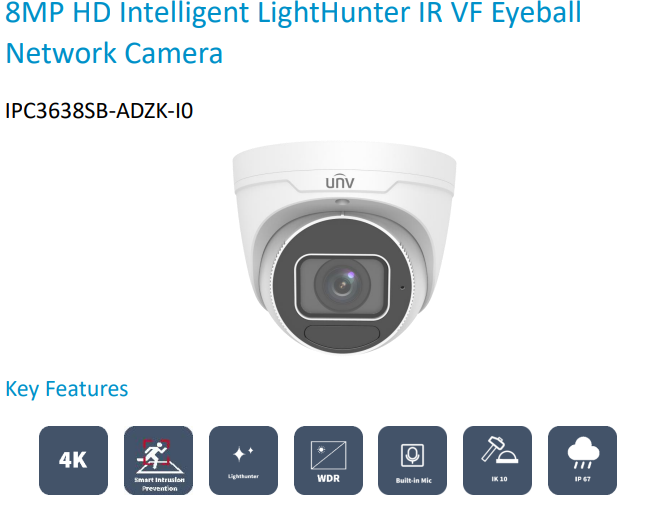 Uniview IPC3638SB-ADZK-I0 8MP HD LightHunter IR Varifocal Eyeball Network Camera Prime Series, Motorised