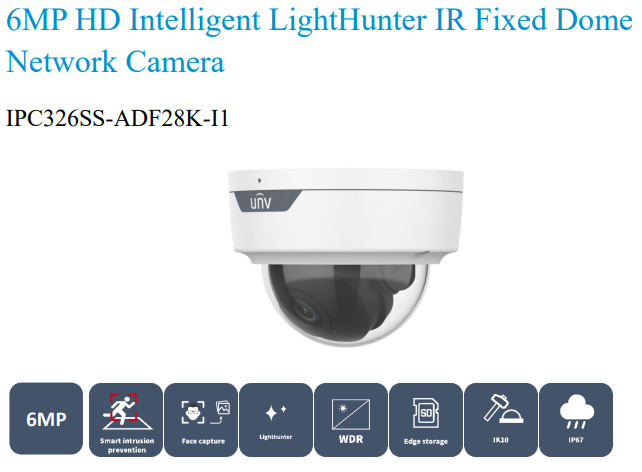 Uniview IPC326SS-ADF28K-I1 6MP HD Intelligent LightHunter IR Fixed Dome Network Camera, 2.8mm, SD Card, WDR, 40m (131ft) IR distance, Built-in Mic, POE, Prime Series