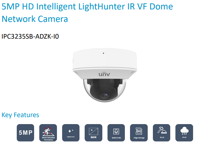 Uniview PRIME-I Series 5MP LightHunter IR Dome Network Camera (IPC3235SB-ADZK-I0) Motorised, 2.7-13.5mm, SD Card, WDR, IR40m, Built-in Mic