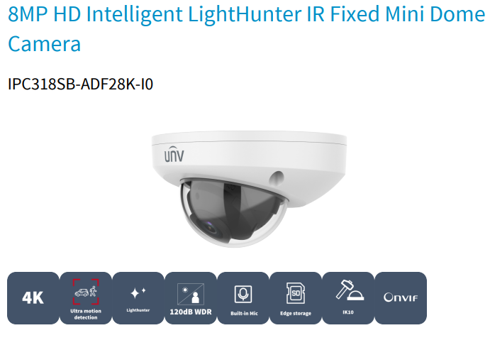 Uniview IPC318SB-ADF28K-I0 8MP LightHunter IR Fixed Mini Dome Network Camera 2.8mm, SD Card, WDR, 80m IR distance, Built-in Mic, Prime Series
