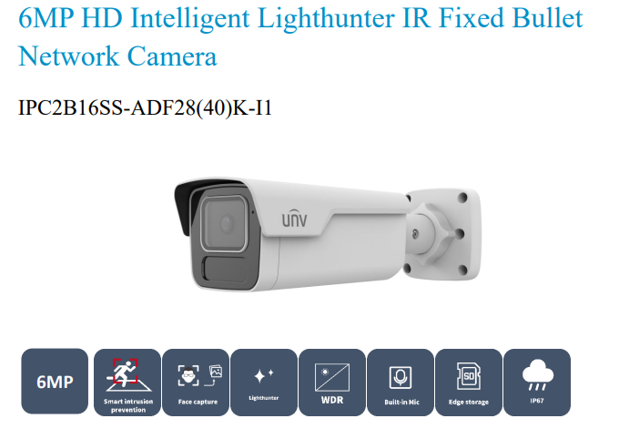 Uniview IPC2B16SS-ADF28K-I1 6MP LightHunter IR Fixed Bullet Network Camera, 2.8mm, SD Card, WDR, IR 80m, Built-in Mic, Prime Series