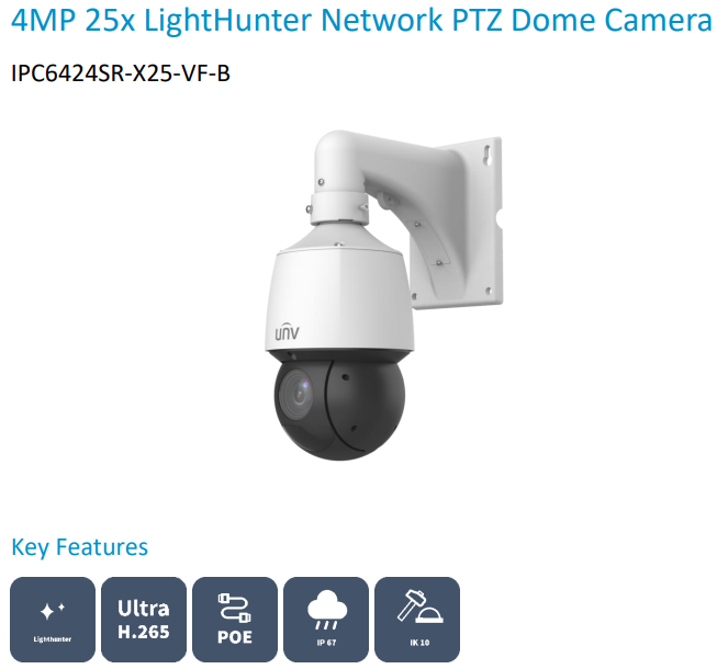 Uniview IPC6424SR-X25-VF-B 4MP 25x LightHunter Network PTZ Dome Camera, 4.8-120mm, SD Card, WDR, IR100m, IP67, IK10, POE, Prime Series