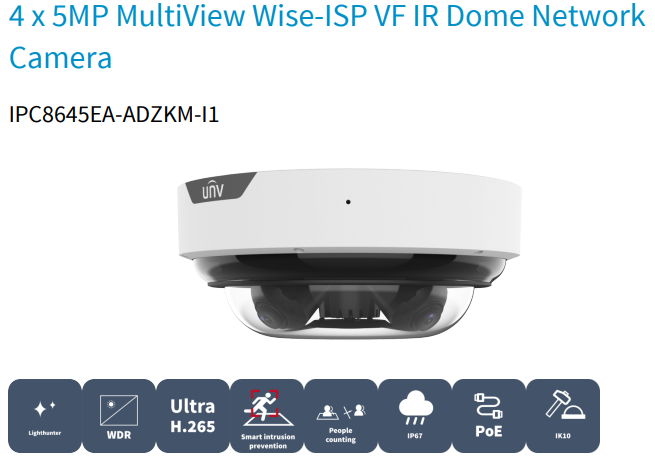 Uniview IPC8645EA-ADZKM-I1 4 x 5MP MultiView Wise-ISP VF IR Dome Network Camera, 20MP Super Startlight IR 4-Directional Panoramic, Pro Series