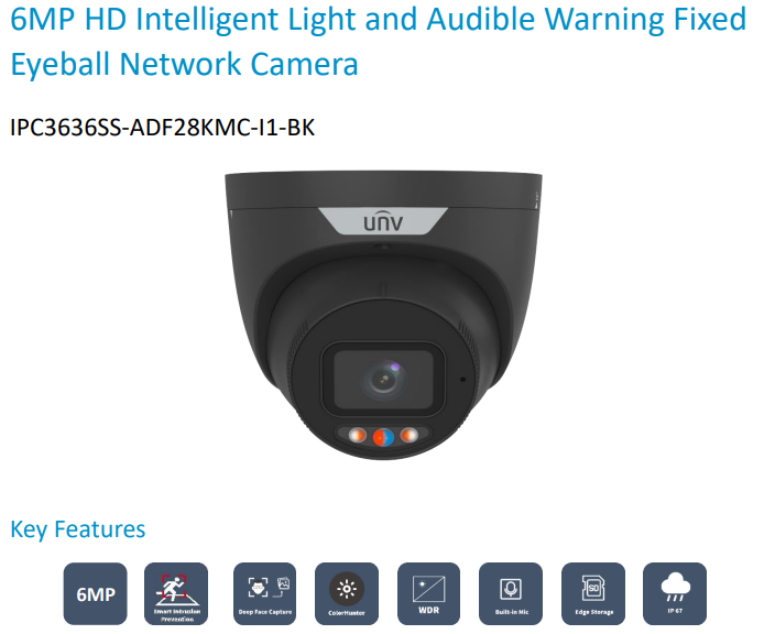 Uniview IPC3636SS-ADF28KMC-I1-BK 6MP Triguard Smart Eyeball Dome Camera with Audible and Visual Warning – Black, IP67, PoE - CCTV Importers