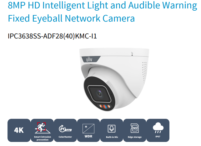 Uniview IPC3638SS-ADF28KMC-I1 8MP Triguard Smart Eyeball Network Camera – Fixed Dome with Audible/Visual Alarm, PoE, IP67 Rated, (Black/White)