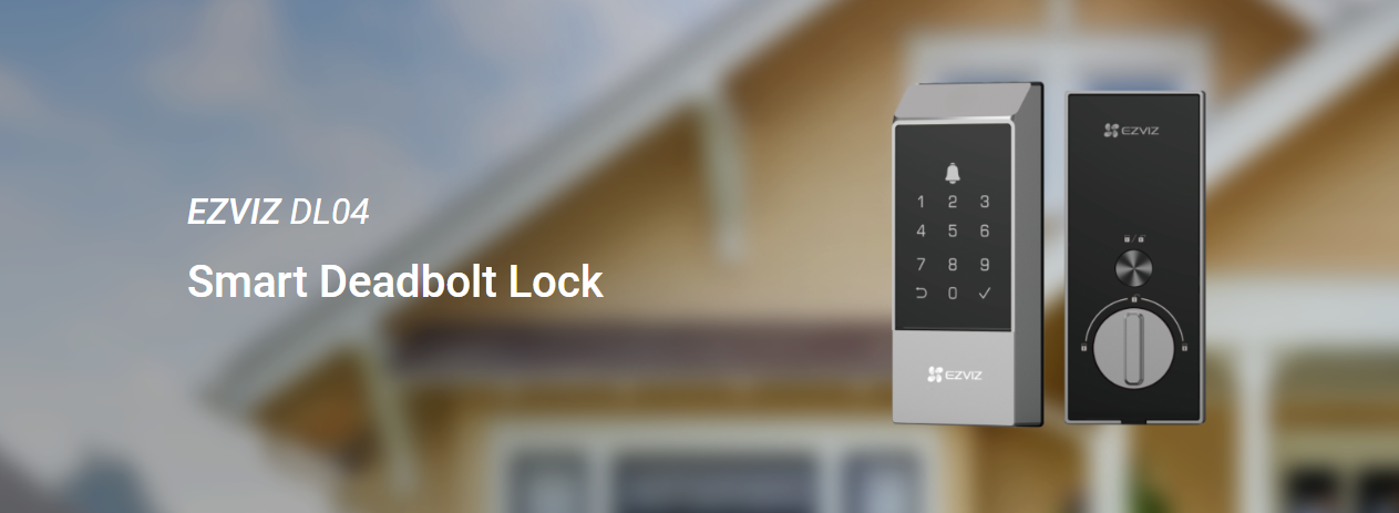 EZVIZ DL04 smart deadbolt lock with keypad, Wi-Fi connectivity, auto-lock, anti-tamper alarm, and emergency power port.