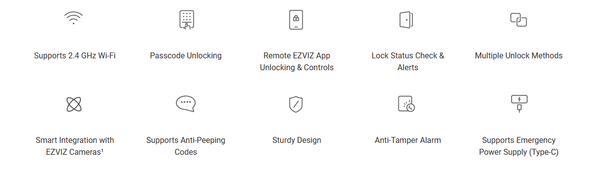 EZVIZ DL04 smart deadbolt lock with keypad, Wi-Fi connectivity, auto-lock, anti-tamper alarm, and Type-C emergency power.