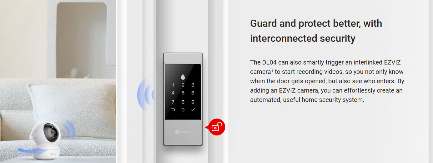 EZVIZ DL04 smart deadbolt lock with keyless Wi-Fi access, passcode, remote control, auto-lock, anti-tamper alarm, and Type-C emergency power.