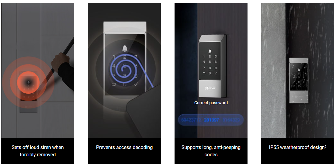 EZVIZ DL04 smart deadbolt lock with keyless Wi-Fi access, passcode, app control, auto-lock, anti-tamper alarm, and Type-C emergency power.