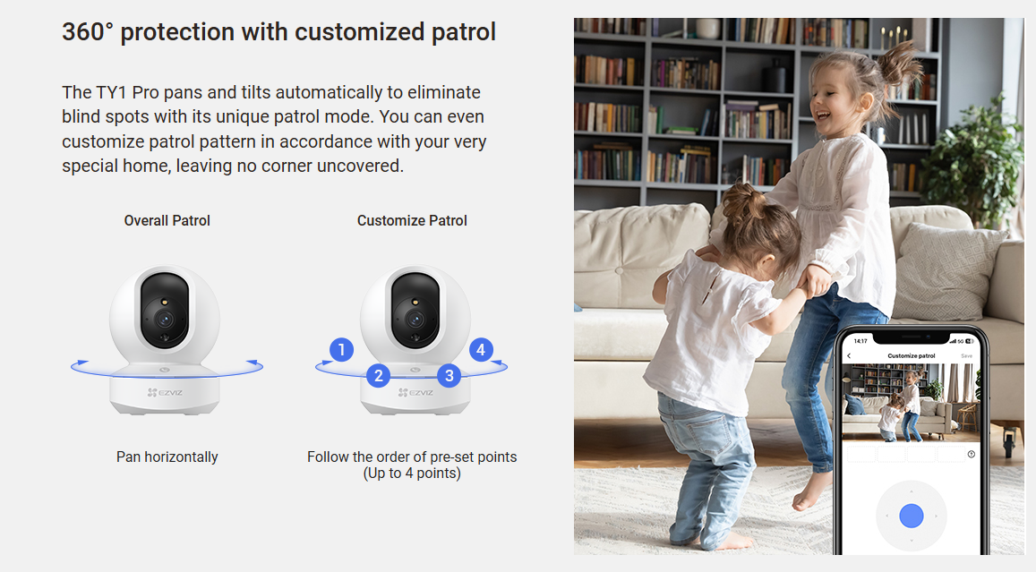 EZVIZ TY1 Pro 2K+ indoor Wi-Fi smart home camera with pan and tilt, human detection, auto-zoom, two-way audio, and 512GB SD support.
