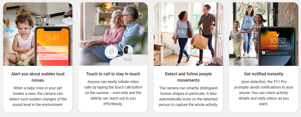 EZVIZ TY1 Pro 2K⁺ indoor smart home camera with pan, tilt, human detection, auto-zoom, two-way audio, and 512GB microSD support