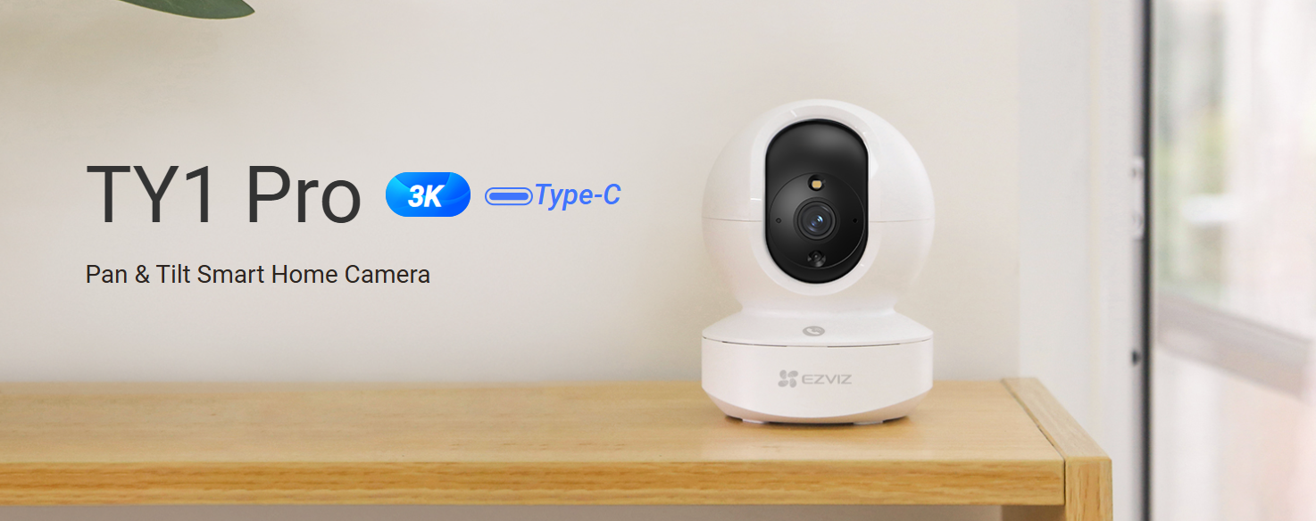 EZVIZ TY1 Pro 3K indoor Wi-Fi camera showing pan and tilt angles, color night vision, and smart human detection features.