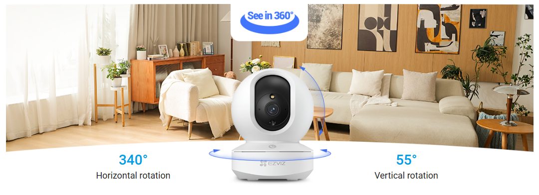 EZVIZ TY1 Pro 3K indoor Wi-Fi smart camera showing pan and tilt, color night vision, and live video feed with 512GB microSD support