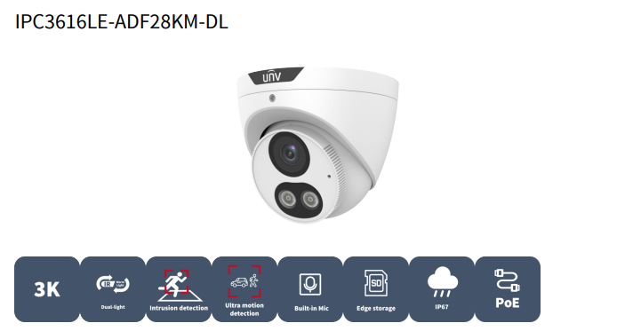 Uniview IPC3616LE-ADF28KM-DL 6MP dual-light turret IP camera with IR, warm light, PoE, and human/vehicle detection.