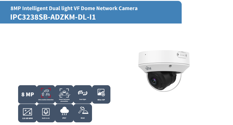 Uniview IPC3238SB-ADZKM-DL-I1 8MP 4K Intelligent Dual-Light Varifocal Dome IP Camera – 2.8–12mm, 40m IR/Warm Light, IP67, IK10 & PoE