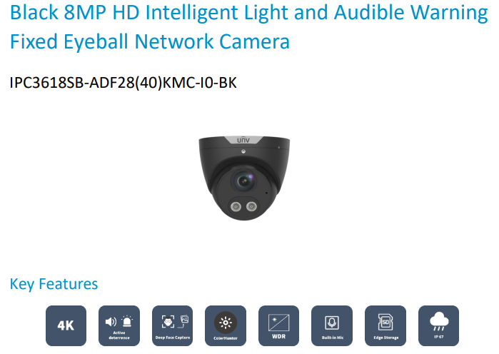 UNIVIEW Prime-I Series 8MP/4K turret IP CCTV Camera Black (IPC3618SB-ADF28KMC-I0-BK)