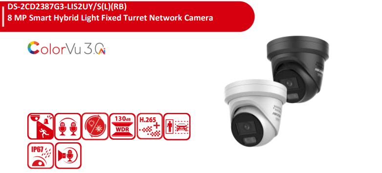 *NEW Hikvision DS-2CD2387G3-LIS2UY/SL (L)(RB) – 8MP ColorVu 3.0 Smart Hybrid Light Turret Network Camera with Strobe, Mic & Speaker CCTV