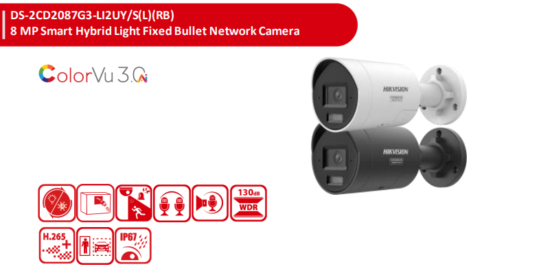 Hikvision DS-2CD2087G3-LI2UY/S(L)(RB) 8MP Smart Hybrid Light Bullet Camera – ColorVu, Dual Microphone, IP67, Two-Way Audio & Deep Learning AI IP CCTV Bullet Camera