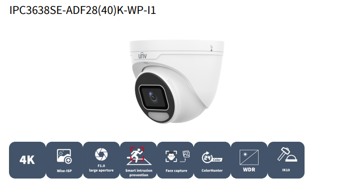Uniview IPC3638SE-ADF28K-WP-I1 8MP WDR ColorHunter Eyeball Network Camera with Wise-ISP, IK10, IP67, and Perimeter Protection