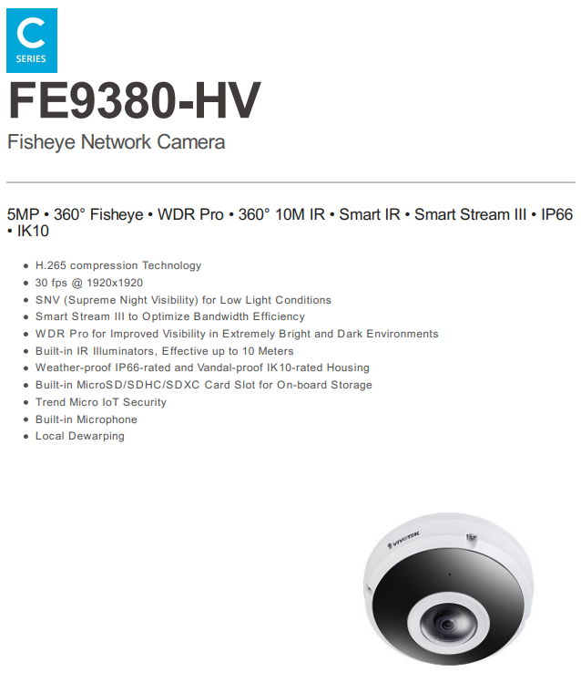 VIVOTEK FE9380-HV 5MP 360° Outdoor Fisheye Network Camera with Smart IR, WDR Pro, Local Dewarping, IP66/IK10, H.265, and Built-in Microphone