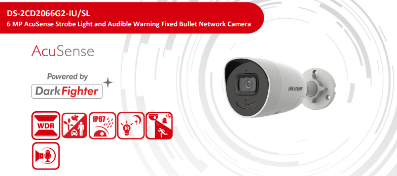 Hikvision DS‑2CD2066G2‑IU/SL 6 MP AcuSense Strobe & Audible‑Warning Bullet Network Camera (IP67, DarkFighter, H.265+)