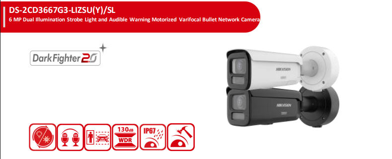 Hikvision DS-2CD3667G3-LIZSU(Y)/SL 6MP Dual Illumination Varifocal Bullet Camera with Strobe Light, Audio Warning, & DarkFighter 2.0