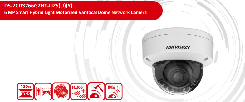Hikvision DS-2CD3766G2HT-LIZSU(U)(Y) 6MP Hybrid Light Varifocal Dome Network Camera with Deep Learning, Two-Way Audio & IK10 Vandal Resistance