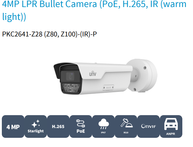 Uniview PKC2641-Z80-IR-P | 4MP LPR Bullet Camera with 8–32mm Motorised Lens, IR Illumination, 60fps, License Plate Recognition, PoE, IP67, IK10 ANPR