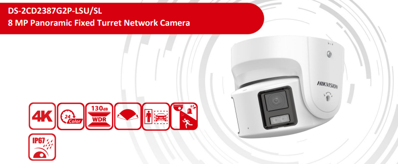 Hikvision DS-2CD2387G2P-LSU/SL 8MP ColorVu Panoramic Fixed Turret IP Camera 180° Dual 4mm Lenses, Human/Vehicle Detection, White Light & Audio Alarm