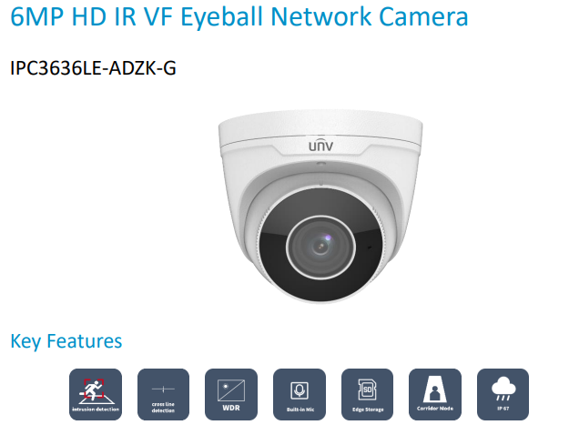 Uniview IPC3636LE-ADZK-G 6MP HD IR Varifocal Eyeball Network Camera (Easy Series) Motorized Zoom, Smart IR 40m, PoE, IP67, WDR, Built-in Mic, MicroSD Support