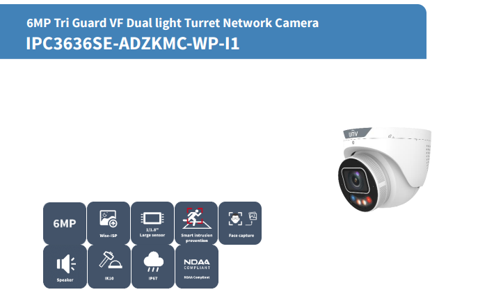 Uniview IPC3636SE-ADZKMC-WP-I1 6MP ColorHunter TriGuard Turret Camera – Dual Light, Smart AI, IK10 Vandal-Proof, IP67 - CCTV Importers