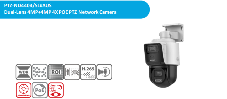 HiLook PTZ-ND4404/SL#AUS TandemVu 4MP+4MP 4X PoE+ PTZ Network Camera with Dual Lens, DarkFighter, Strobe & Audio Alarm - CCTV Importers