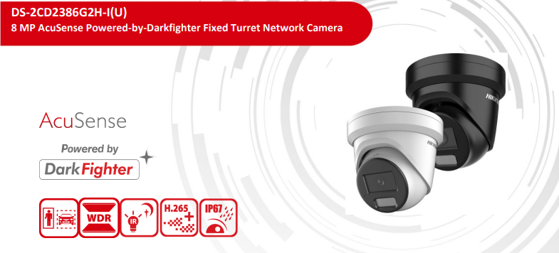 Hikvision DS-2CD2386G2H-IU 8MP AcuSense turret IP CCTV camera with 4K Ultra HD, DarkFighter, AI detection, built-in mic, IP67.