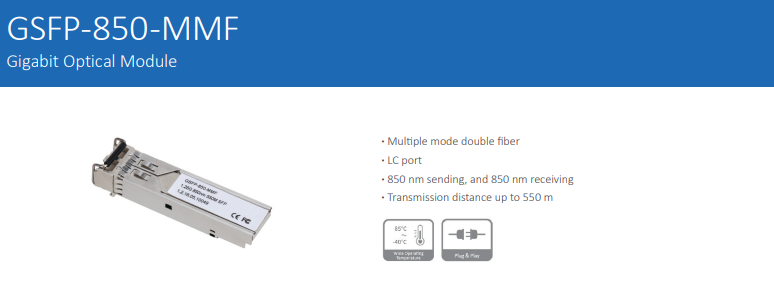 Dahua GSFP-850-MMF gigabit fiber optic module with LC connector, 850nm, multi-mode, 1Gbps, 550m range, SFP transceiver.