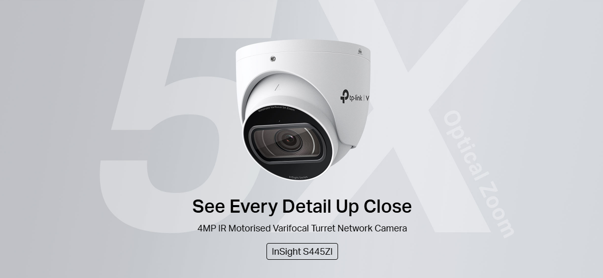 TP-Link VIGI InSight S445ZI 4MP IR motorized turret CCTV camera with 5X optical zoom, IP67 weatherproof, and 60m IR night vision