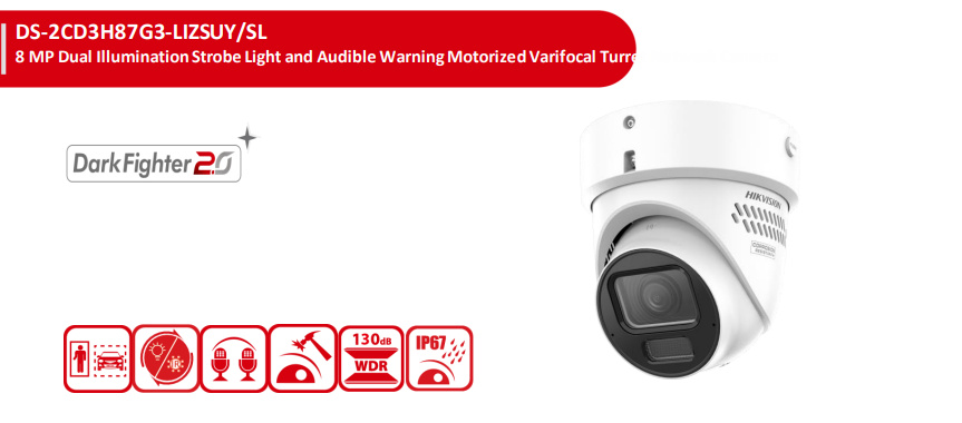 Hikvision DS-2CD3H87G3-LIZSUY/SL 8MP motorized turret CCTV camera with DarkFighter, two-way audio, and weatherproof IP67 design.