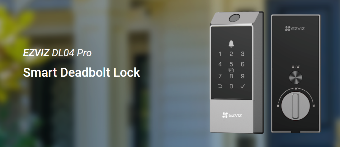EZVIZ DL04 Pro smart deadbolt lock with fingerprint scanner, keypad, proximity card, and Type-C emergency power port.