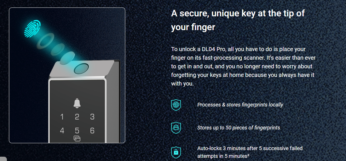 EZVIZ DL04 Pro smart deadbolt lock with fingerprint scanner, keypad, proximity card, and emergency power port, mounted on a door.