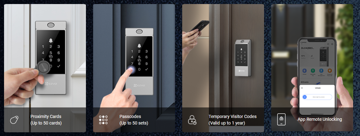 EZVIZ DL04 Pro smart deadbolt lock with fingerprint scanner, keypad, proximity card, and emergency power port, mounted on a door.