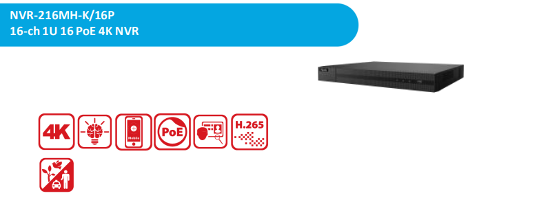 HiLook NVR-216MH-K/16P 16-Channel PoE 4K NVR with AI, 16 PoE Ports, 160Mbps & Dual SATA
