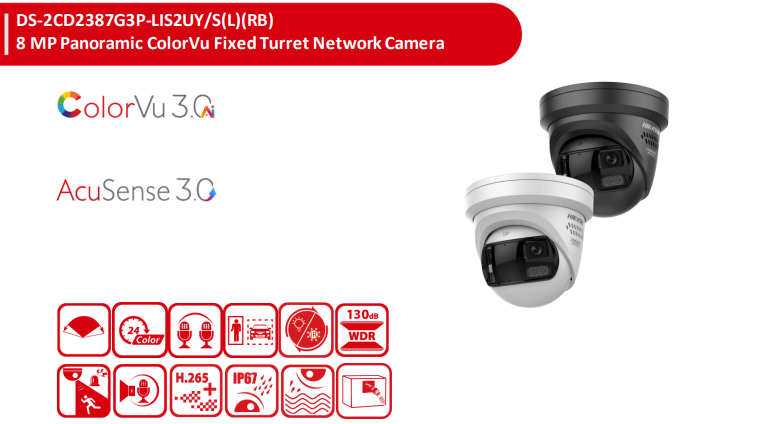 Hikvision DS-2CD2387G3P-LIS2UY/S(L)(RB) 8MP 180° Panoramic ColorVu 3.0 Fixed Turret Network Camera with Smart Hybrid Light, AI & Active Deterrence