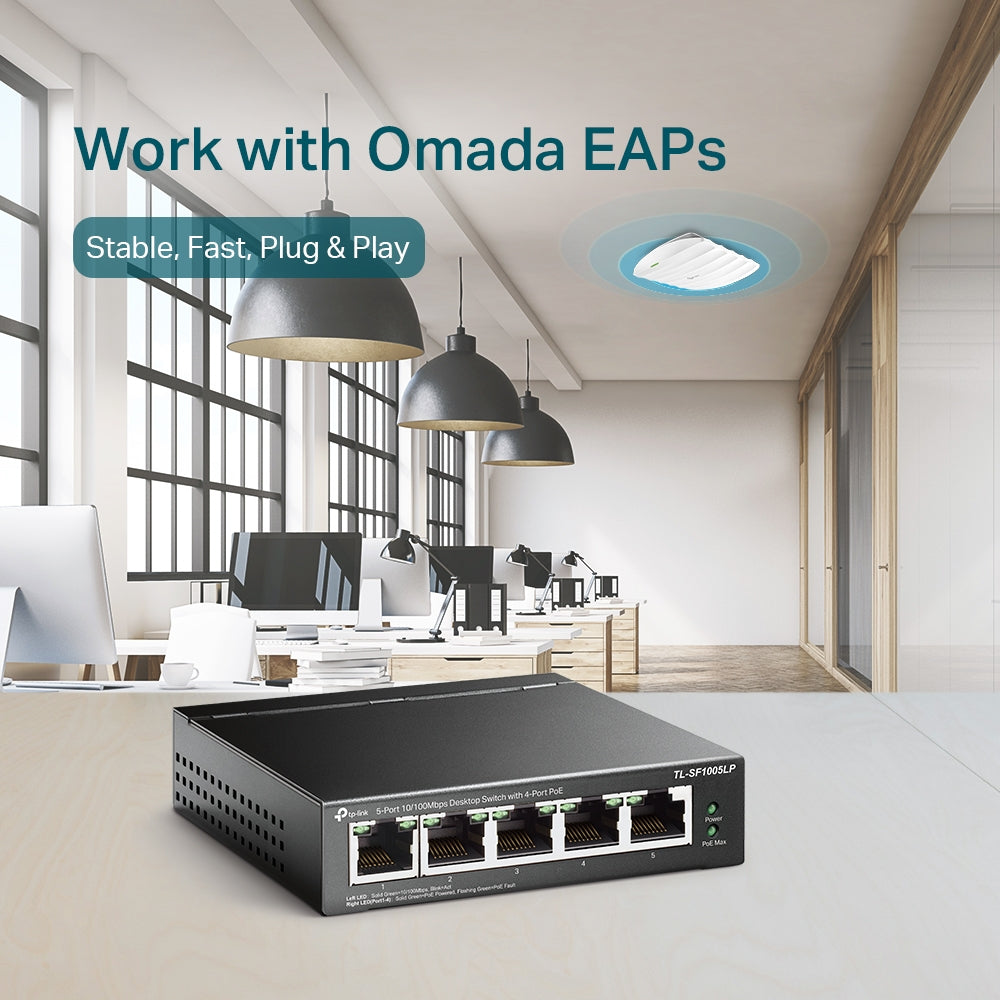 TP-Link TL-SF1005LP 5-Port 10/100Mbps Desktop Switch with 4-Port PoE | Compact Fanless PoE Switch with Extend and Priority Modes for Small Networks